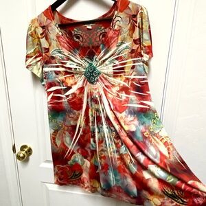 Boho Artsy Embellished Empire Waist Tunic Top Plus Size 3X live and let live